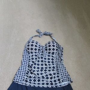 Navy and white two piece tankini bathing suit